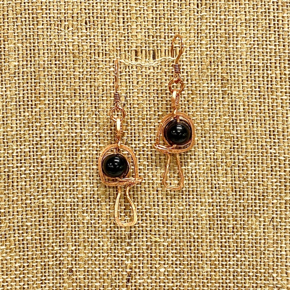 HANDMADE Mushroom Black Onyx and Hand Wrapped Bare Copper Dangle Earrings - Picture 3 of 9